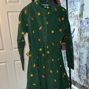 Kiel James Patrick Dark Green Button-Front Dress with Yellow Leaf Embroidery